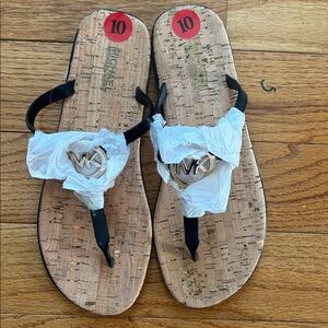 Michael Kors Charm Jelly Black and Gold Logo Cork Sandals Size 10 New in Box